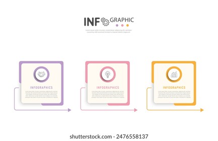 Vector design of infographic timeline and marketing icons with 3 steps or options.