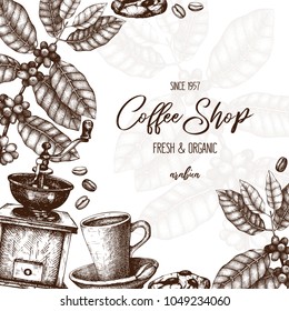 Vector design with ink hand drawn coffee illustrations. Arabica plant with leaves and fruits sketch.  Vintage template for cafe or shop. 