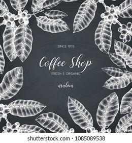 Vector design with ink hand drawn coffee illustrations. Arabica plant with leaves and fruits sketch.  Vintage template for cafe or shop on chalkboard  