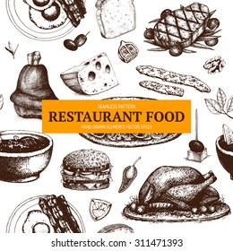 Vector design with  ink hand drawn food illustration isolated on white for restaurant or cafe menu. Seamless food pattern.
Vintage food sketch collection.