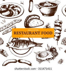 Vector design with  ink hand drawn food illustration isolated on white for restaurant or cafe menu. Seamless food pattern.