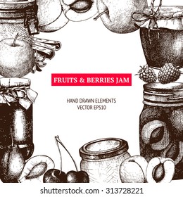 Vector design with  ink hand drawn jam jars with fruits and berries. Vintage decorative glass mason or canning jars with fruits and berry jam sketch isolated on white. 