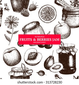 Vector design with  ink hand drawn jam jars with fruits and berries. Vintage decorative glass mason or canning jars with fruits and berry jam sketch isolated on white. Seamless pattern