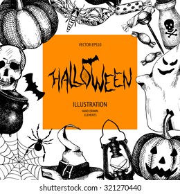 Vector design with ink hand drawn halloween illustration. Vintage background for halloween card or invitation isolated on white. 