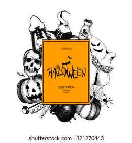 Vector design with ink hand drawn halloween illustration. Vintage background for halloween card or invitation isolated on white. 