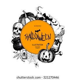 Vector design with ink hand drawn halloween illustration. Vintage background for halloween card or invitation isolated on white. 