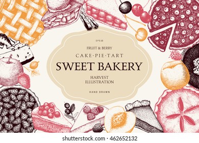 Vector design with ink hand drawn berry cake, pie and tart illustration. Vintage background with  dessert sketch. Retro template for bakery menu or baking shop.