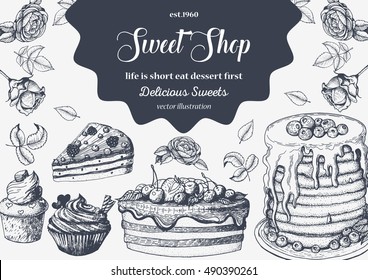 Vector design with ink hand drawn cake, pie ice cream and wafers.  Vintage template for bakery menu or sweet home shop. Background with dessert sketch. Vector illustration in retro Linear style.