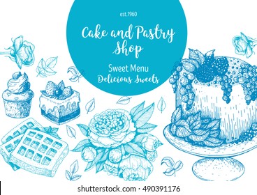 Vector design with ink hand drawn cake, pie ice cream and wafers.  Vintage template for bakery menu or sweet home shop. Background with dessert sketch. Vector illustration in retro Linear style.