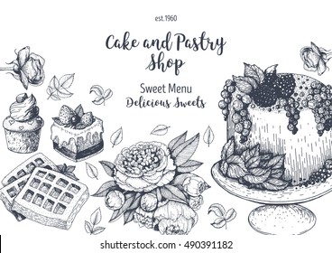 Vector design with ink hand drawn cake, pie ice cream and wafers.  Vintage template for bakery menu or sweet home shop. Background with dessert sketch. Vector illustration in retro Linear style.