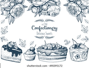 Vector design with ink hand drawn cake, pie ice cream and wafers.  Vintage template for bakery menu or sweet home shop. Background with dessert sketch. Vector illustration in retro Linear style.