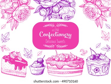 Vector design with ink hand drawn cake, pie ice cream and wafers. Vintage template for bakery menu or sweet home shop. Background with dessert sketch. Vector illustration in retro Linear style.