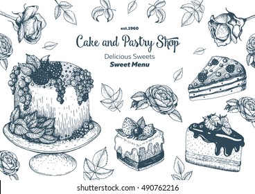 Vector design with ink hand drawn cake, pie, ice cream. Vintage template for bakery menu or sweet home shop. Background with dessert sketch. Vector illustration in retro Linear style.