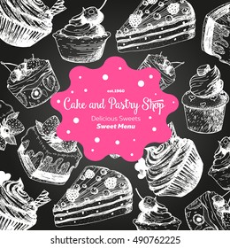 Vector design with ink hand drawn cake, pie, ice cream. Vintage template for bakery menu or sweet home shop. Background with dessert sketch. Vector illustration in retro Linear style.