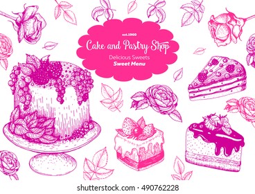 Vector design with ink hand drawn cake, pie, ice cream. Vintage template for bakery menu or sweet home shop. Background with dessert sketch. Vector illustration in retro Linear style.