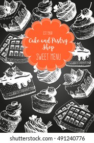 Vector design with ink hand drawn cake, pie ice cream and wafers. Vintage template for bakery menu or sweet home shop. Background with dessert sketch. Vector illustration in retro Linear style.