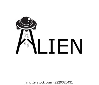 vector design of an inscription that says ALIEN where the letter A is modified at the top there is a ufo plane that is sucking two humans namely a man and a woman up into the ufo plane