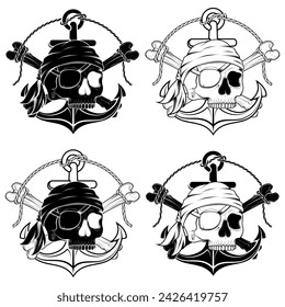 Vector design inspired by pirates, where you can see elements with skulls, bones, anchors, parcje in the hole