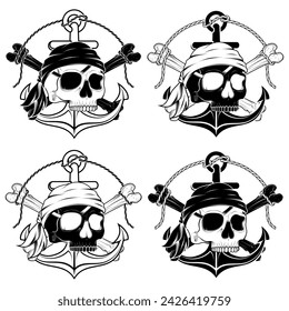 Vector design inspired by pirates, where you can see elements with skulls, bones, anchors, parcje in the hole