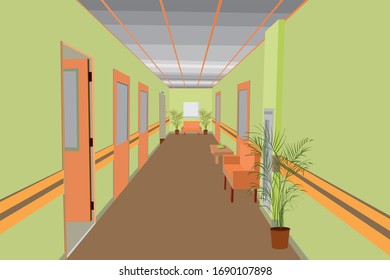 Vector Design Of The Interior Of The Corridor In The Office Building, Hospital, Clinic, Hotel, Room Design, Office Corridor