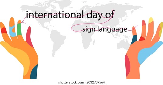 Vector design International day of sign language or World deaf day Colorful of hand with pink line on text and world map