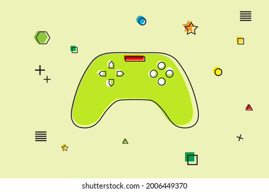 Vector design. Internet technology. Web button. Logo design. Play button icon, green color. Banner design. Vector illustration. Playground flat style. Memphis pattern. Colorful minimalist background.
