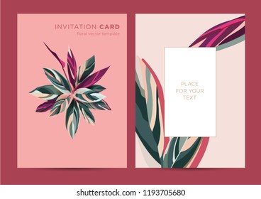 Vector Design of invitation card template for party, wedding, greetings. Botanical illustration. Colorful leaves of an exotic plant on a pink background