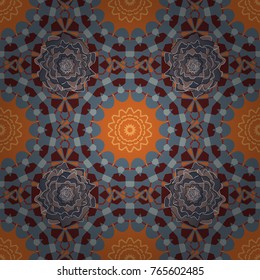 Vector design. Invitation, wedding card, national design. Vintage seamless pattern for print. Decorative arabic round lace ornate mandala. Mandala abstract colorful orange, brown and gray background.