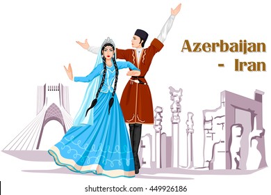 Diseño vectorial de la pareja Iraní interpretando la danza de Azerbaiyán de Irán