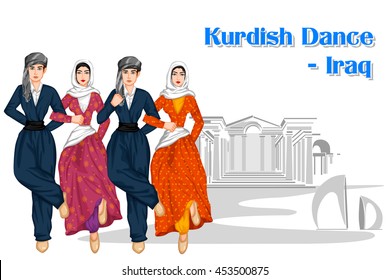 Vector design of Iraqi People performing Kurdish dance of Iraq