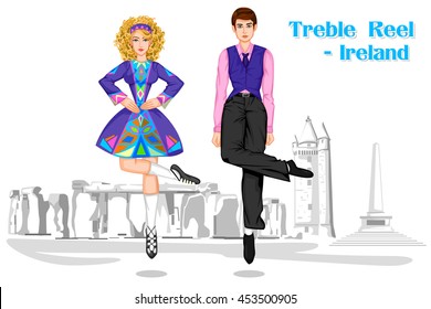 Vector design of Irish Couple performing Treble Reel dance of Ireland