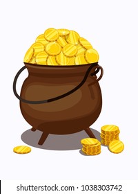 Vector design of an iron cauldron with gold coins poured into it and a pile of coins near it. Isolated on a white background. Suitable for St. Patrick's Day