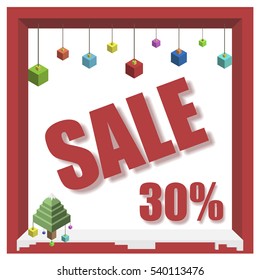Vector design isometric 3d winter 30% sale banner with drop shadow effect