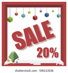 Vector design isometric 3d winter 20% sale banner with drop shadow effect