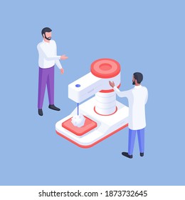 Vector design of isometric image with male employees of modern medical laboratory standing at research equipment and discussing results of new drug