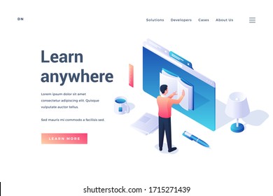 Vector design of isometric website banner with man reading book in browser using convenient service Learn everywhere isolated on white background