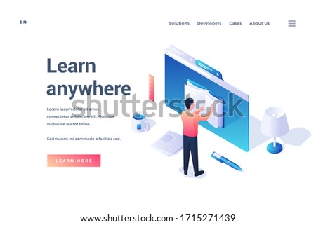 Vector design of isometric website banner with man reading book in browser using convenient service Learn everywhere isolated on white background