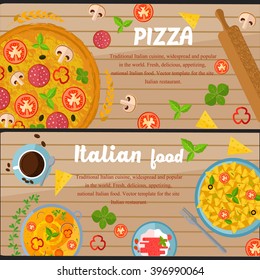 Vector design italian food: minestrone, pasta,  pizza, cheese,  panacota,  coffee. Set of food web banner flat design