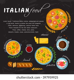 Vector design italian food: minestrone, pasta,  pizza,  wine, cheese,  panacota,  coffee.