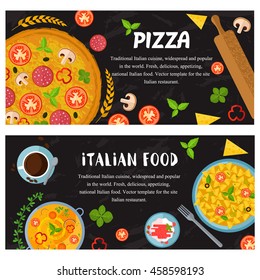 Vector design italian food: minestrone, pasta,  pizza, cheese,  panacota,  coffee. Set of food web banner flat design