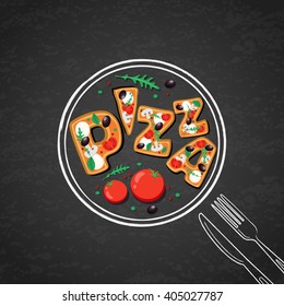 Vector design for italian restaurant menu, cafe, pizzeria. Pizza lettering on black chalkboard background. Hand drawn food letters. Slices of pizza with tomato, olives, mushrooms.