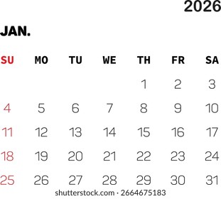 Vector design for January 2026 calendar