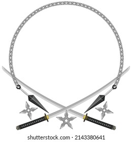 Diseño vectorial de armas asesinas de Ninja japonesas, Katana Shuriken y Kunai con cadena