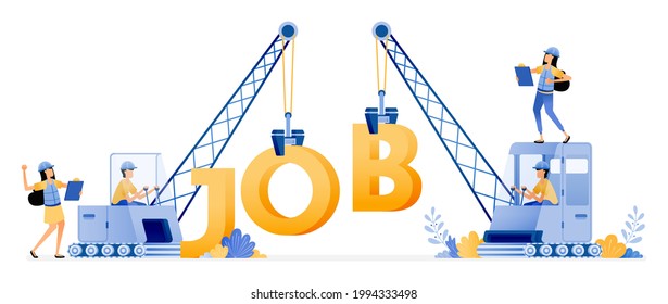 Vector Design of Job vacancies for Construction and property sector. Excavator Transporting Words that read JOB. illustration Can be for websites, posters, banners, mobile apps, web, social media, ads