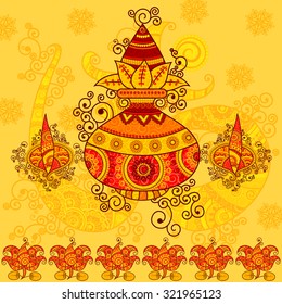 Vector design of kalash with coconut, mango leaves and diya in Indian art style