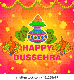 Vector design of kalash with coconut, mango leaves and Sona leaf for Happy Dussehra in Indian art style