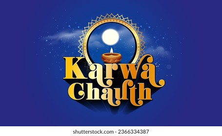 Vector design of Karwa Chauth. Indian Hindu festival Moon puja worship. 3d Golden text, Luxury ornament floral and Night sky background.