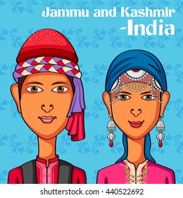 Vector design of Kashmiri Couple in traditional costume of Jammu and Kashmir, India