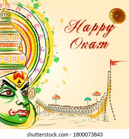 Vector design of Kathakali dancer on Happy Onam festival background of Kerala South India in Indian art style