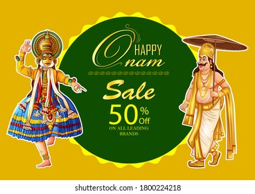 Diseño vectorial de la bailarina de Katakali en el contexto del festival Happy Onam de Kerala en el sur de India al estilo del arte indio
